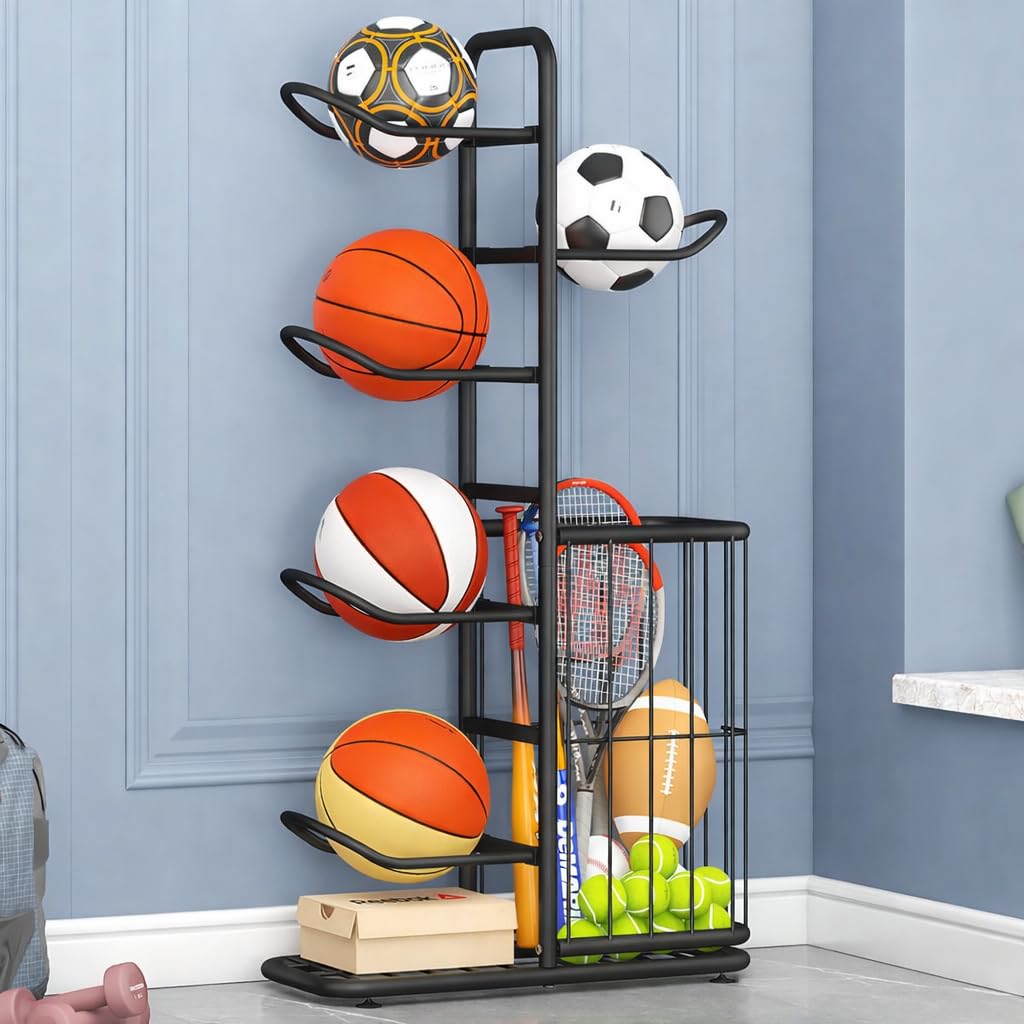 Porta Palloni Verticale Regolabile con Scaffale per 5 Palloni, in Acciaio Resistente, con Cassetto per Stoccaggio, per Basket, Calcio, Pallavolo e Altri Sport, per Garage, Altezza 116 cm