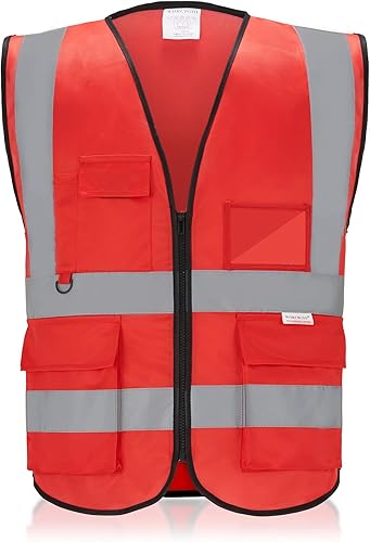 Miniatura 7 de WORCBGIO Chaleco de seguridad reflectante con bolsillos, tira plateada de alta visibilidad para hombres y mujeres (negro, XL)