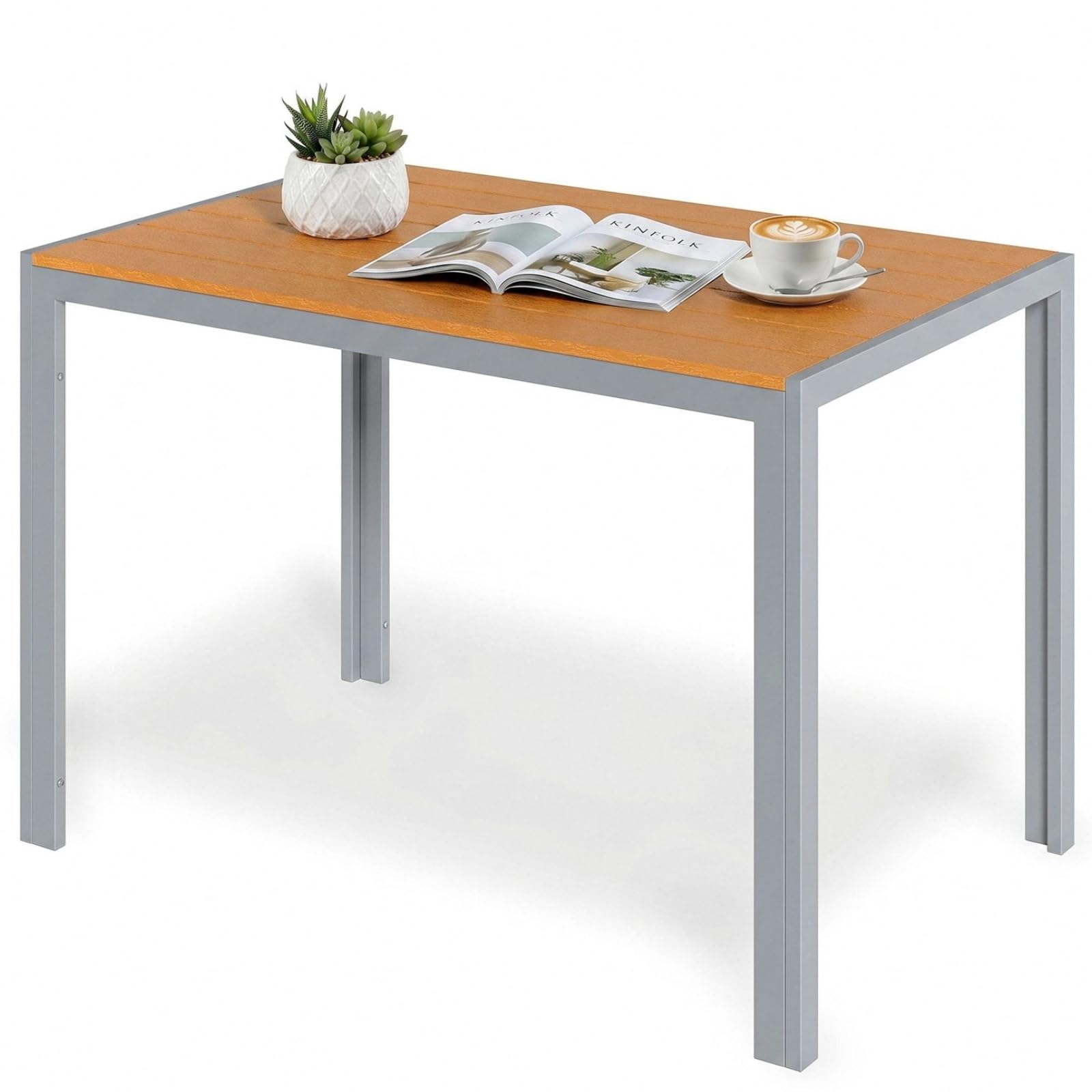 LIFERUN Mesa de Jardín 110x70 cm, Mesa de Terraza de WPC para 4-6 Personas, Mesa de Balcón Resistente a la Intemperie con Estructura de Aluminio, Diseño Aspecto Madera,Marrón Teca+Gris Claro