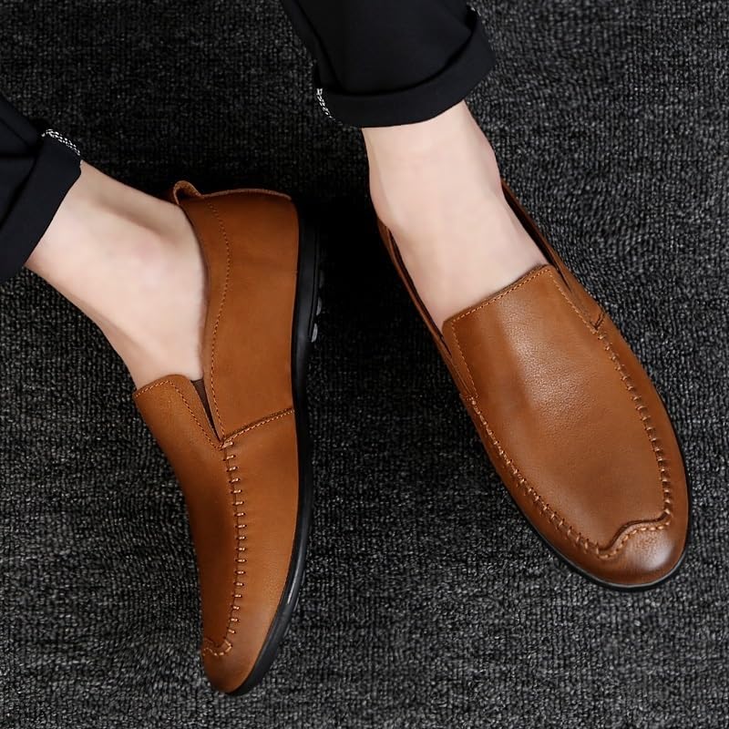 Mens Loafers Solid Color Leather Round Toe Loafer Shoes Comfortable Flat Heel Slip Resistant Fashion Classic Slip-ons2