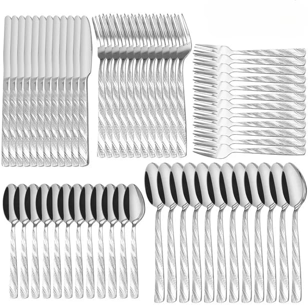 Wodillo 60pcs 304 Stainless Steel Cutlery Set with Leaf Design Handles for 4 People, Mirror-Polished Outdoor Camping and Picnic Utensils, Dishwasher-Safe