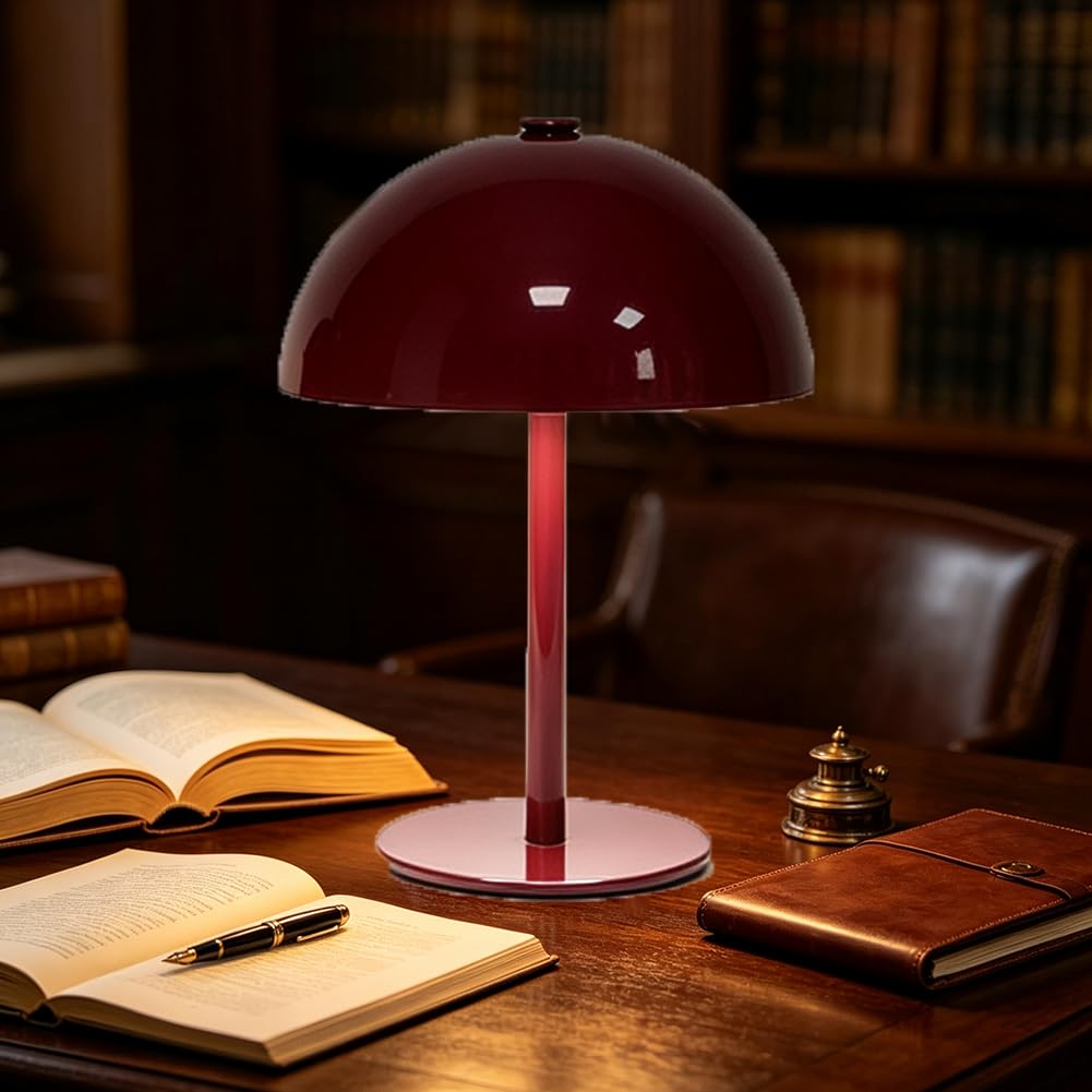 LED Tischlampe Kabellos Rot Touch Tischleuchte Wiederaufladbarem Dimmbar Akku Pilzlampe Vintage Touch Schalter Batterielampe 3 Farbtemperaturen Innen Nachttischleuchte für Innen und Außen