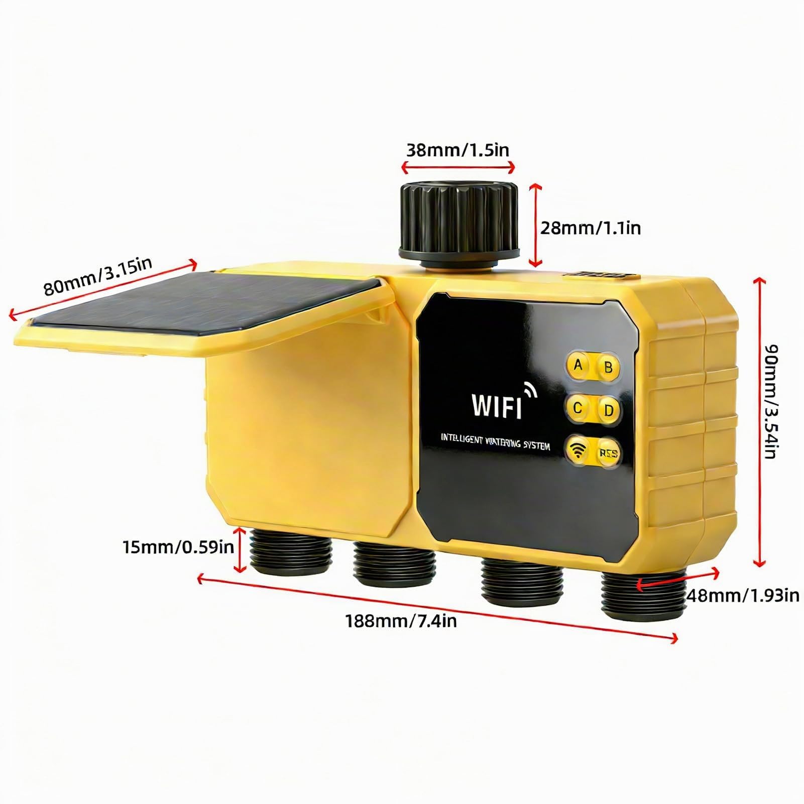 Temporizador Riego Solar, 4 Zonas WiFi Controlador Válvula Agua Solar Inteligente Control Aplicación Sensor Lluvia Temporizador Agua para Patio Exterior Jardín Playas Patio