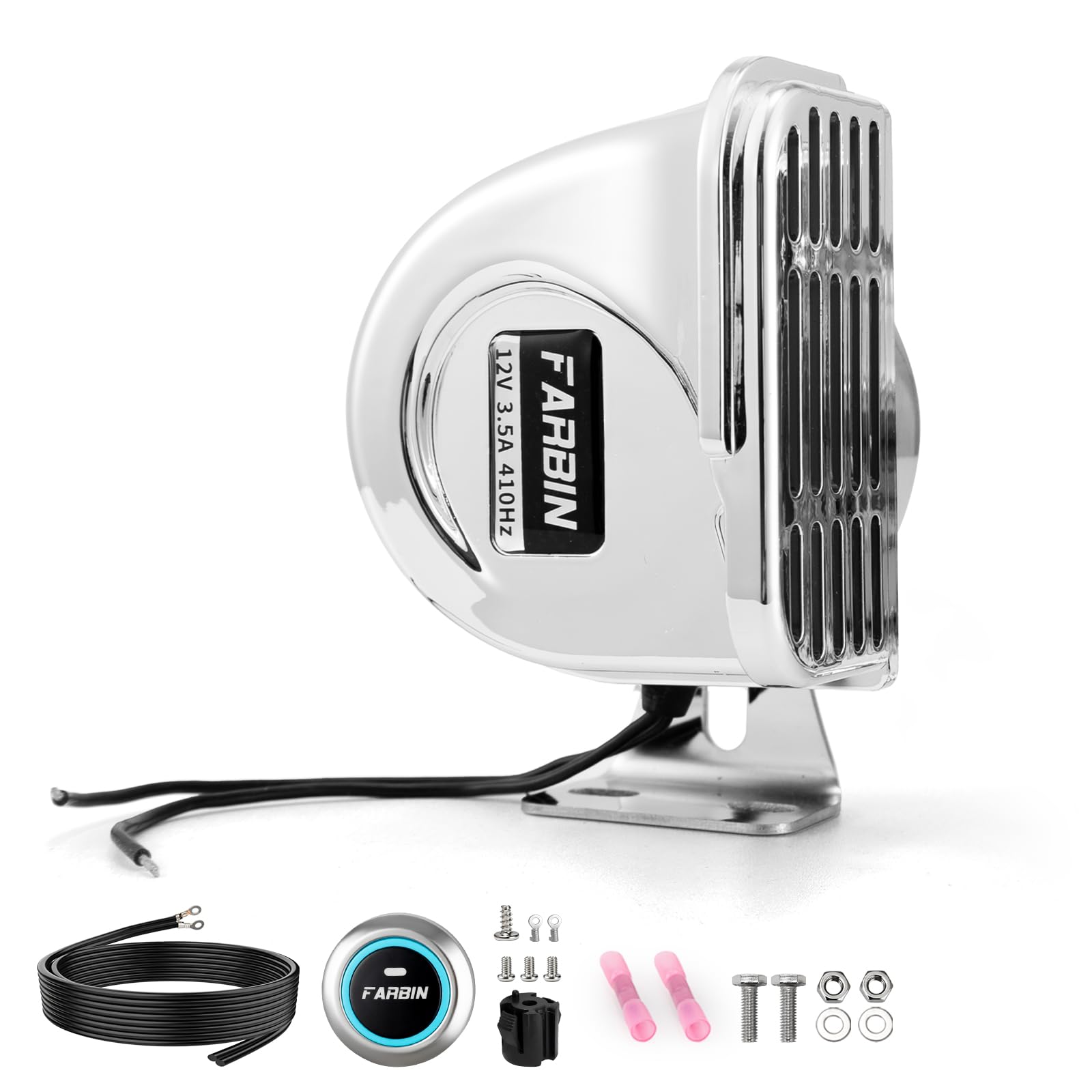 FARBIN Stainless Steel Boat Horn 12V 410Hz Low Tone Marine Horn with Button