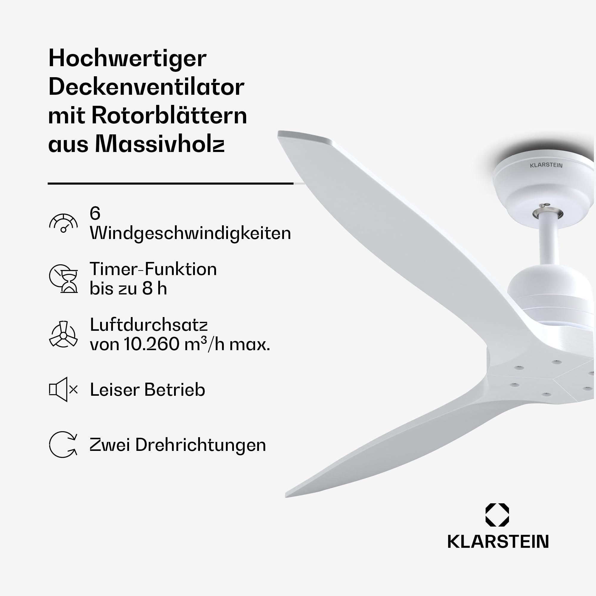 Klarstein Santa Elena Deckenventilator – Smart App & Fernbedienung, 6 Geschwindigkeiten, 132 cm, Leiser Betrieb, Sommer & Winter Modus, 10260 m³/h, Modernes Design, Weiß