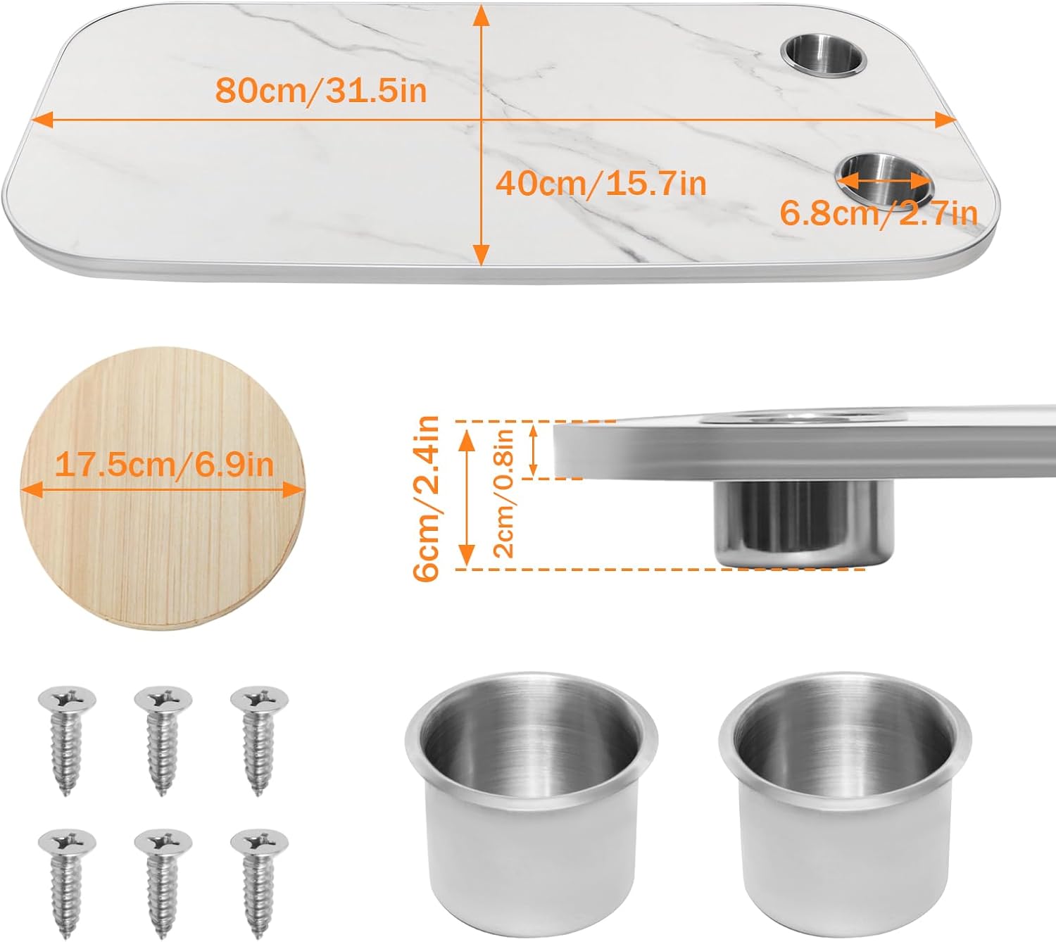 RV Table Top Replacement, 31.5x15.7Inch Rectangular Camper Pontoon Boat RV Table Top with 2ps Cup Holder, Sturdy Plywood with Silver Metal Trim for RV, Yacht, Camper, Marine