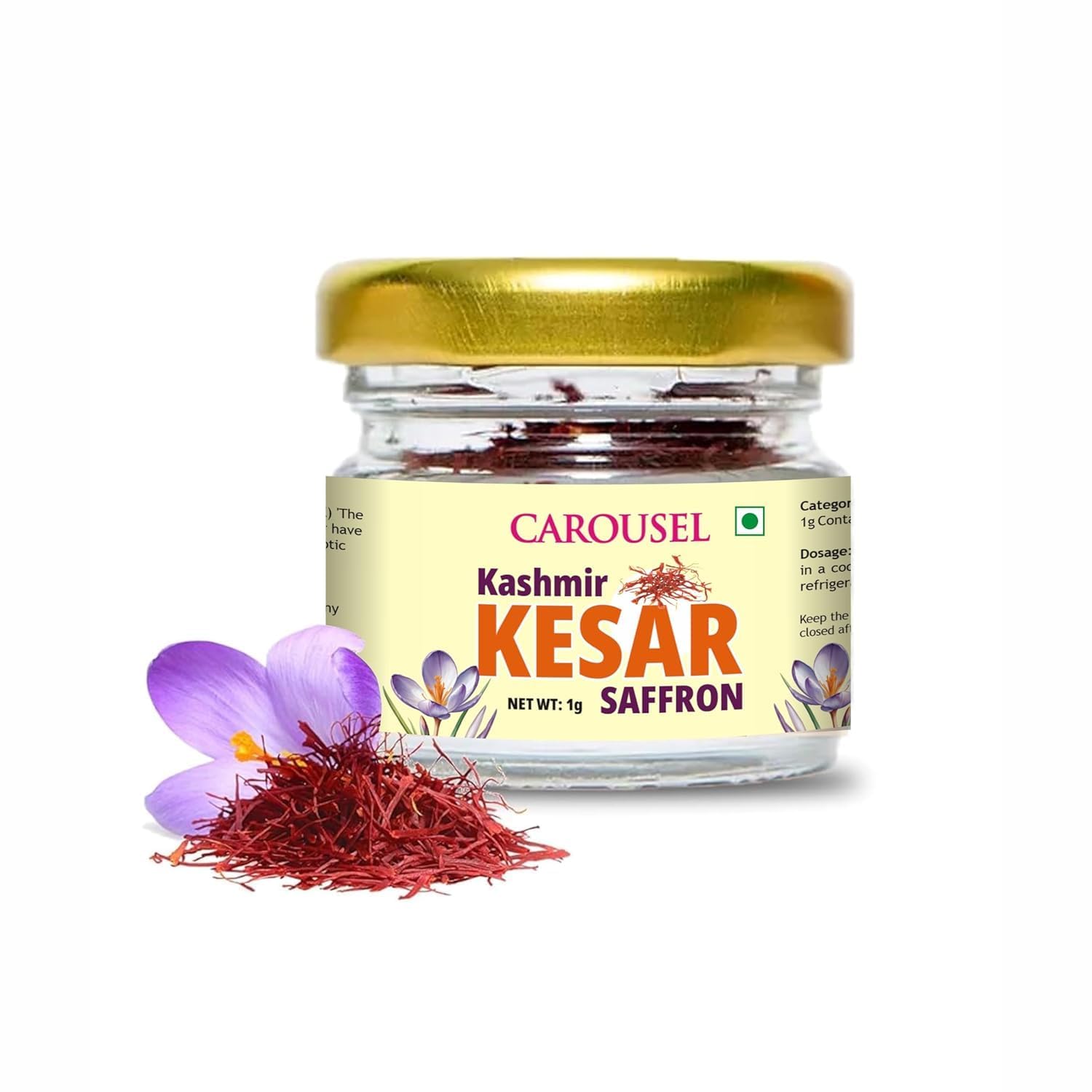Carousel Saffron Original 1 Gram – Pure Kashmiri Mongra Kesar | A-Grade Fresh Saffron for Cooking, Food & Pooja Use (1gm)