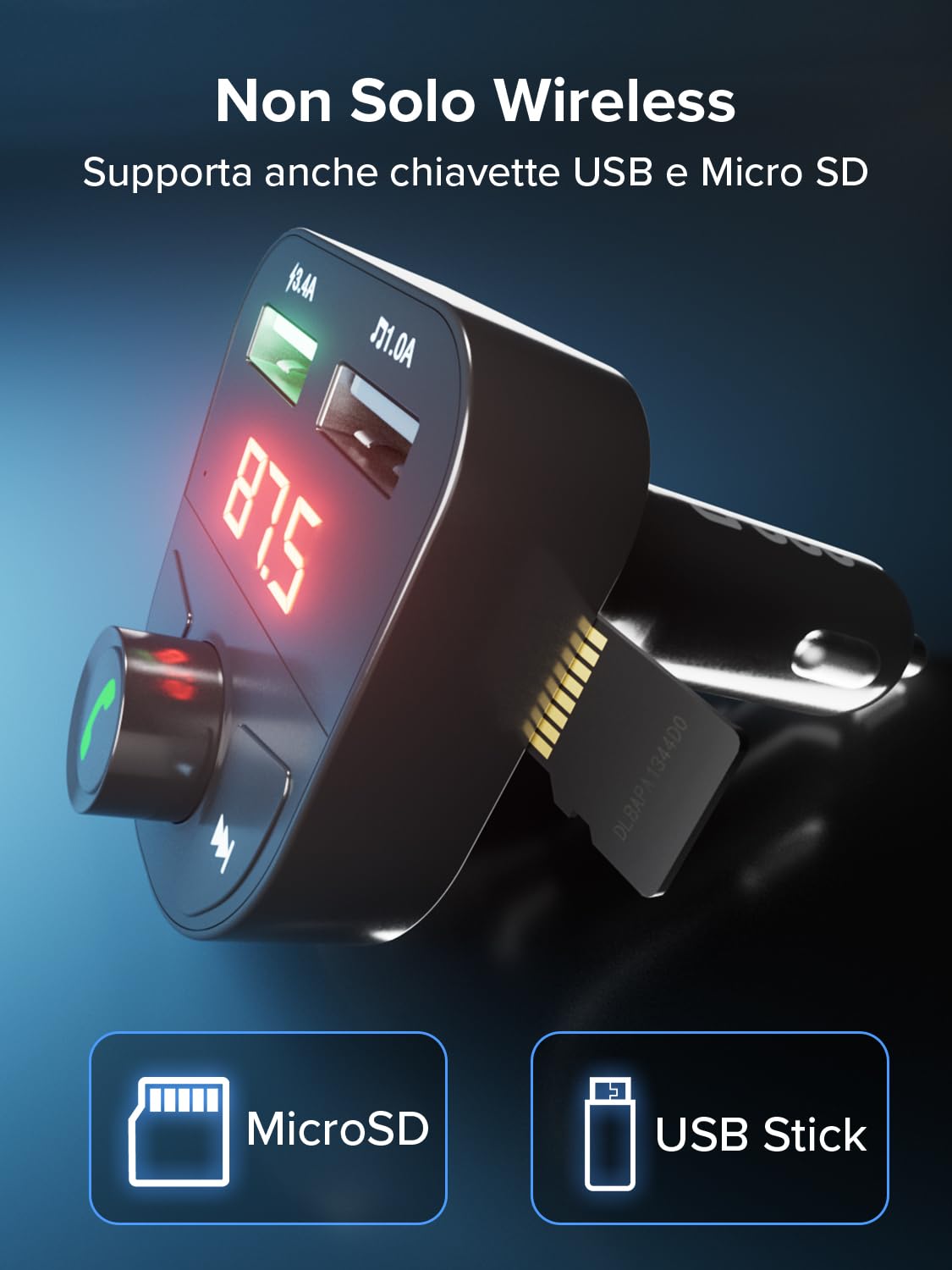 SBS Carica Batteria Auto 15W, Presa Accendisigari 12V, Ricarica Rapida | Trasmettitore FM Bluetooth, Vivavoce, MP3, Lettore Audio, Display LCD, Comandi Integrati, Ingresso MicroSD, Nero