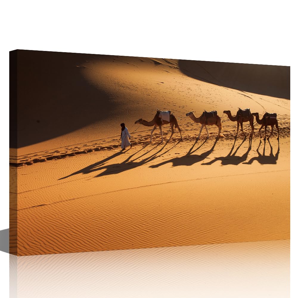 TISHIRON Camel Canvas Wall Art Prints Desert Sahara Pictures Camel Ride Caravan Enjoying and Happy People Modern Wall Painting for Living Room Bedroom Office Decor Framed Ready to Hang 36" Wx 24" H
