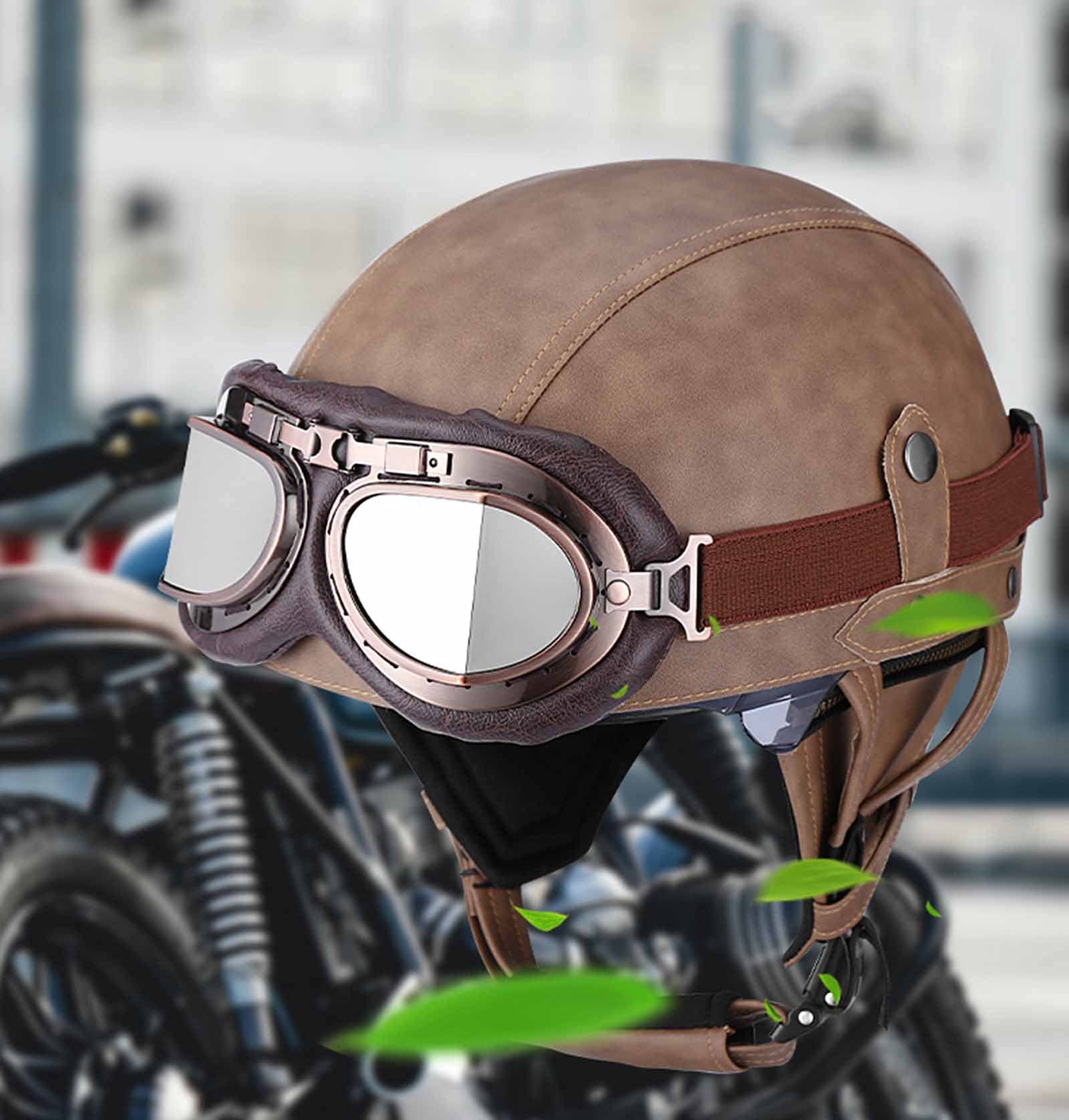 Retro Motor Half Helm Unisex Motorhelmen met Vintage Bril Zomer Open Helm voor Mannen Vrouwen Straat Bromfiets Scooter DOT/ECE Vintage Leger-stijl Kom Helmen,Black leather,M