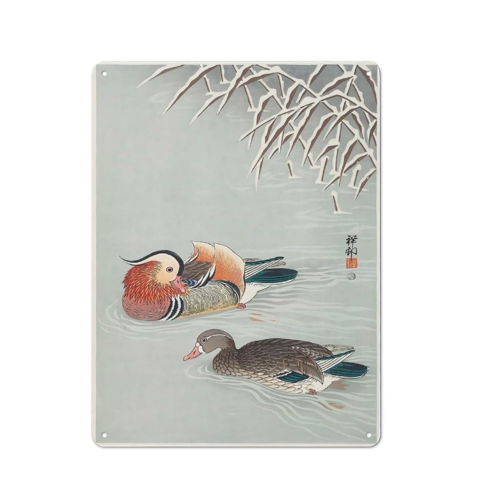 Junmoney Style-1 Vintage Vintage Metal Sign 40X30cm Featuring Mandarin Ducks Ohara Koson, Restaurant Wall Art For Takeaway, Bar, Kitchen Or Counter Area