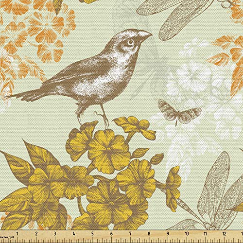 Lunarable Bird Fabric by The Yard, Vintage Composition with Bird Flying Butterflies and Dragonflies Blooming Wildflowers, Decorative Fabric for Upholstery and Home Accents, 3 Yards, Brown Mustard