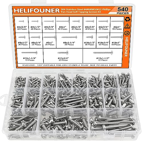 Helifouner HELIFOUNER---WOOD---SCREWS 540 Pieces #4#6#8#10#12 Wood Screws Set, Helifouner 18 Sizes Phillips Pan Head Self-Tapping Screws Assortment Kit thumb #1