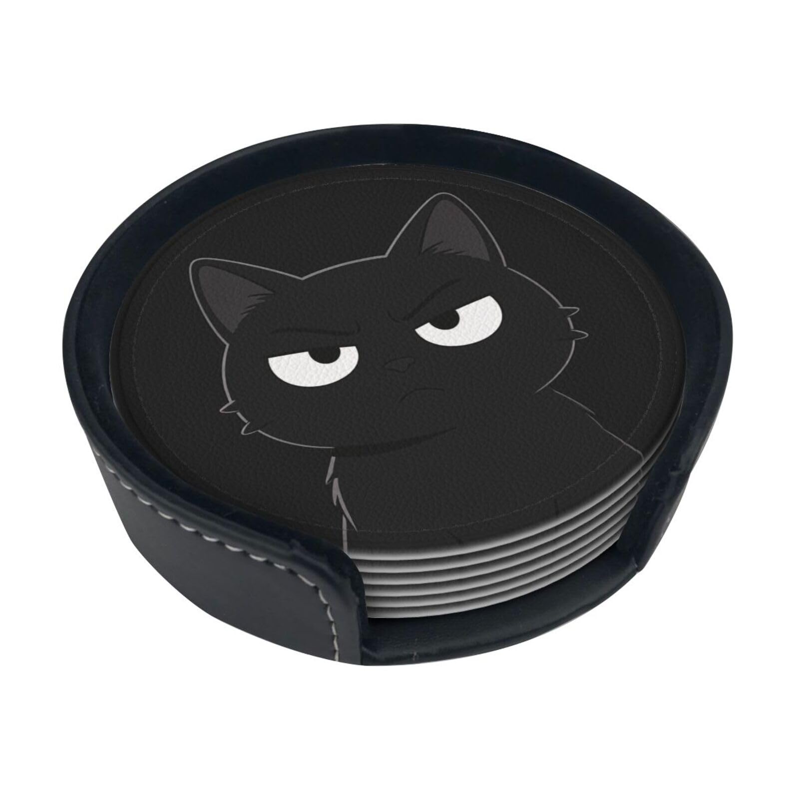 Cntdbu White Flat Black Cat Leather Coasters Set Of 6-Pu Leather Drink Mats For Table, Heat Resistant Round Coasters With Holder