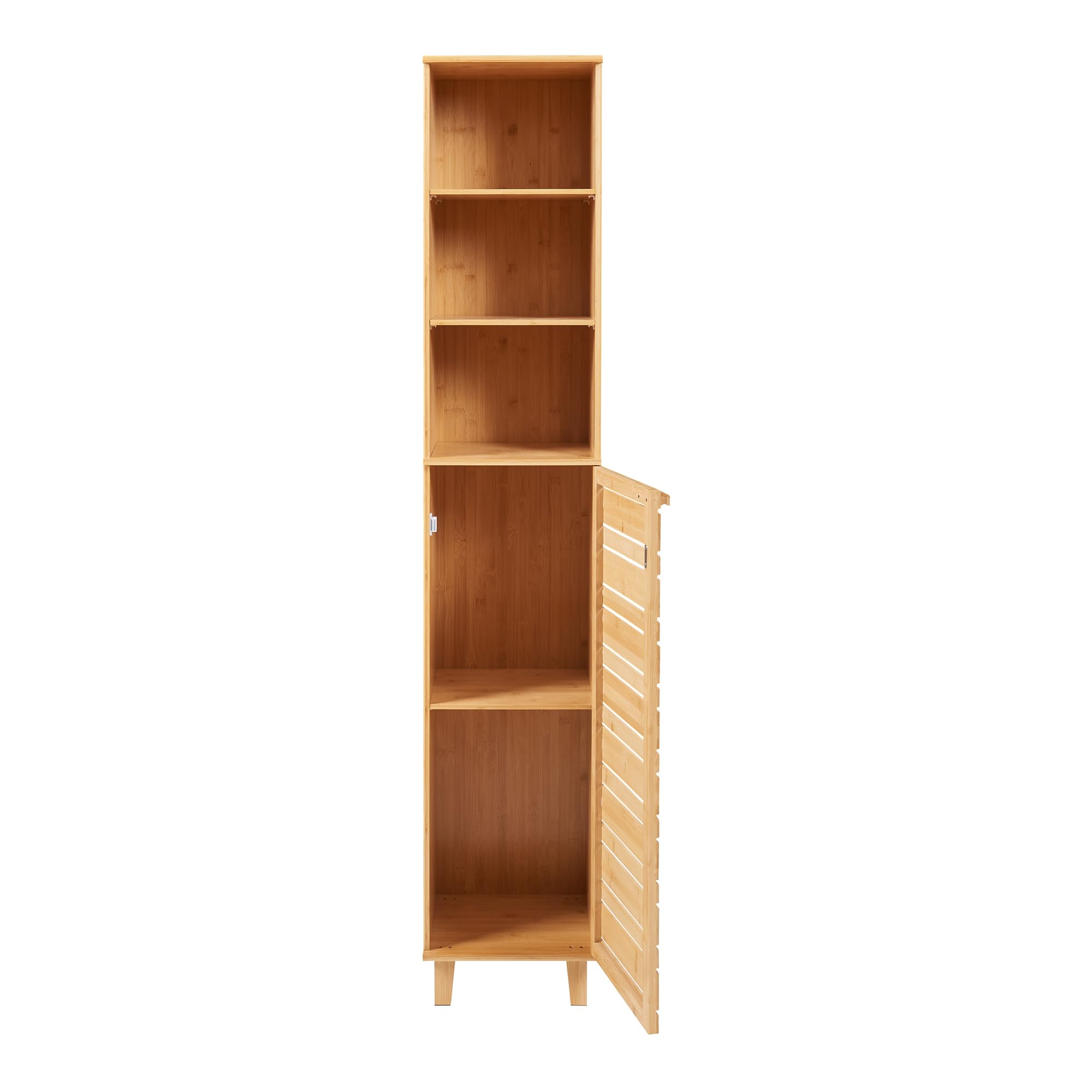 [en.casa] Mobile a Colonna da Terra per Bagno Lavanderia Corridoio Mobile Alto 180 x 33 x 30 cm con Scomparti Aperti e Chiusi da Anta e Ripiano - Bambù Naturale