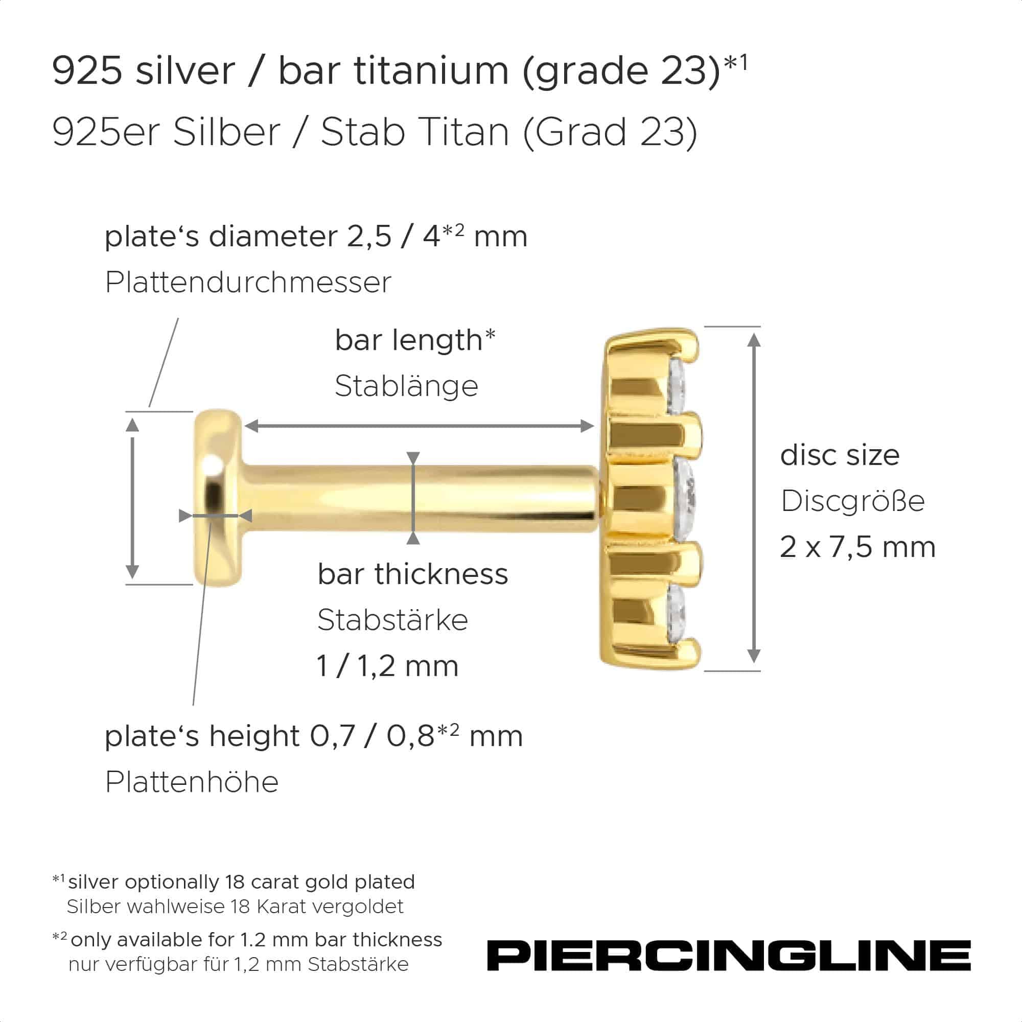 FILANGO Piercing Stecker Titan Labret mit Innengewinde + 925er Silber Aufsatz 3 MOISSANITE - Goldfarben, Silberfarben