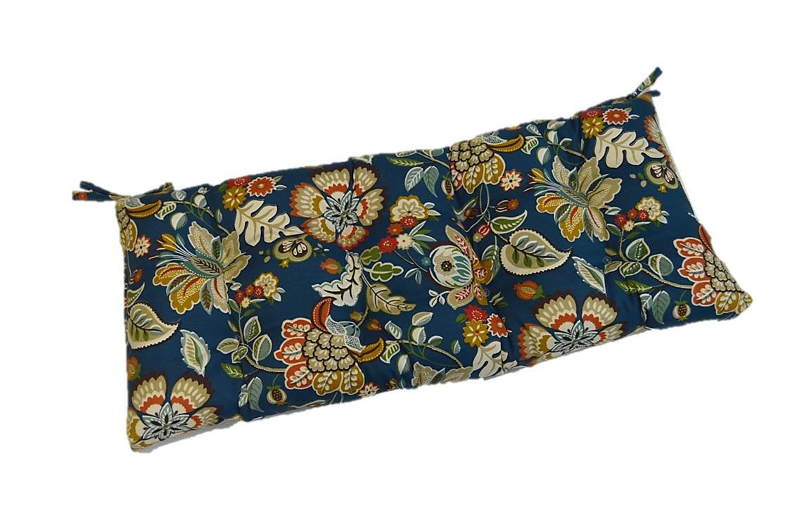 Resort Spa Home Decor Telfair Peacock Blue, Green, Brown, Red, Orange, Ivory Floral Scroll Indoor/Outdoor Tufted Cushion with Ties for Bench, Swing, Glider - Choose Size (39