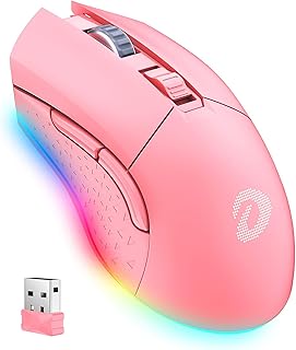 DAREU Pink Wireless Gaming Mouse with 7 Programmable Buttons, Rechargeable RGB Gaming Mice [10000DPI] [150IPS] [1000Hz Polling Rate], Type C RGB Wired Mouse Gaming for PC and Notebook (Pink)