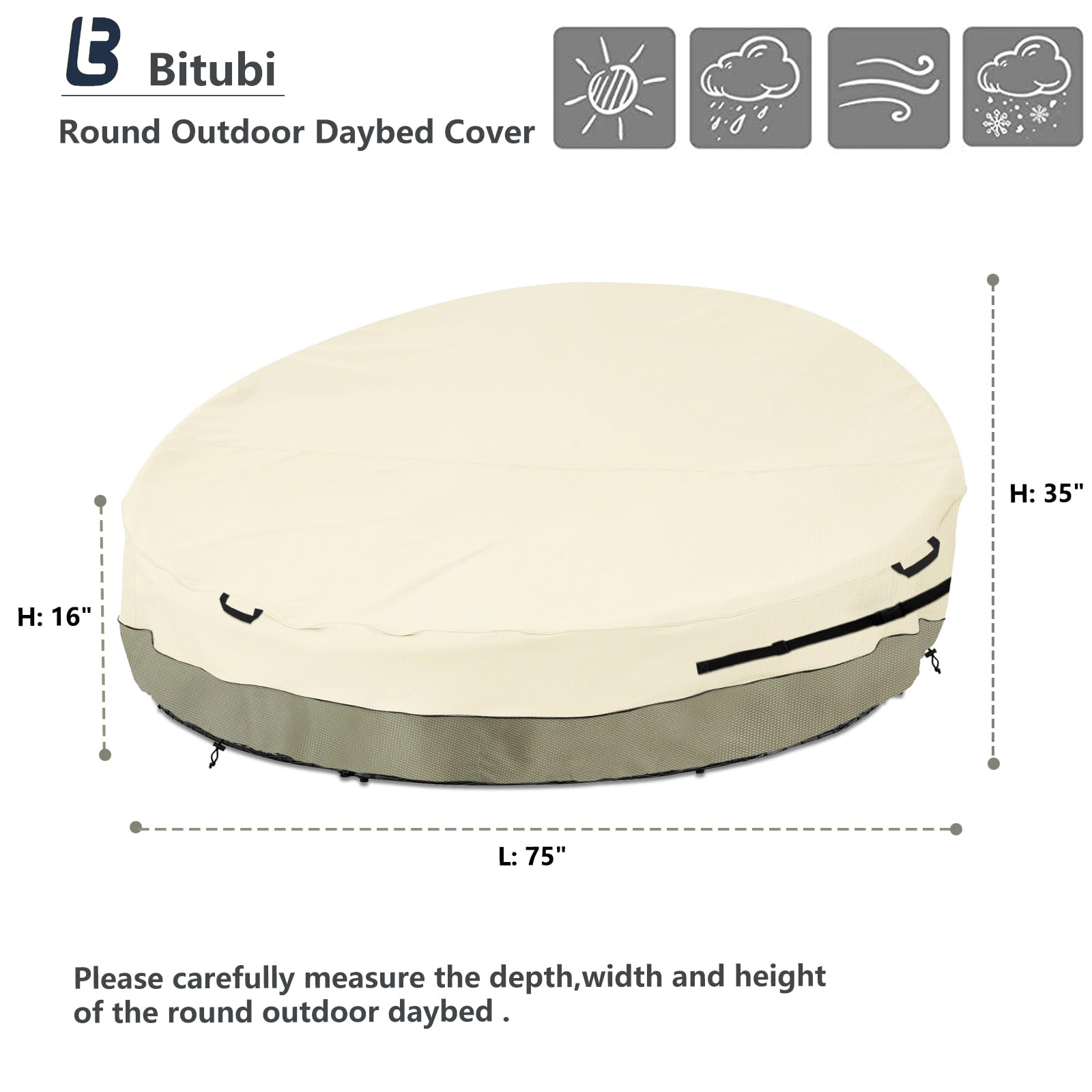 Bitubi 75 Inch Heavy Duty Waterproof Outdoor Daybed Cover - 600D Tough Canvas Anti-UV Patio Canopy Daybed Sofa Cover 75