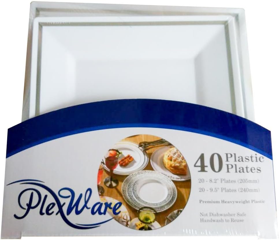 Square Plastic Plates Pack, Modern Plastic Dinnerware Disposable Plates, Ideal for Weddings and Events 20 Dinner Plates (9.5), 20 Salad/Desert Plates (8.2) Reusable and Durable - 40 Pieces