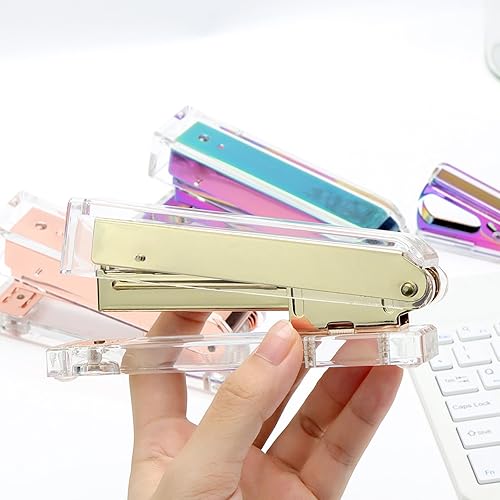 Miniatura 2 de Engrapadora manual con grapas, engrapadora estándar de oro amarillo transparente con 1000 grapas 266 para escritorio, hogar, escuela, oficina,