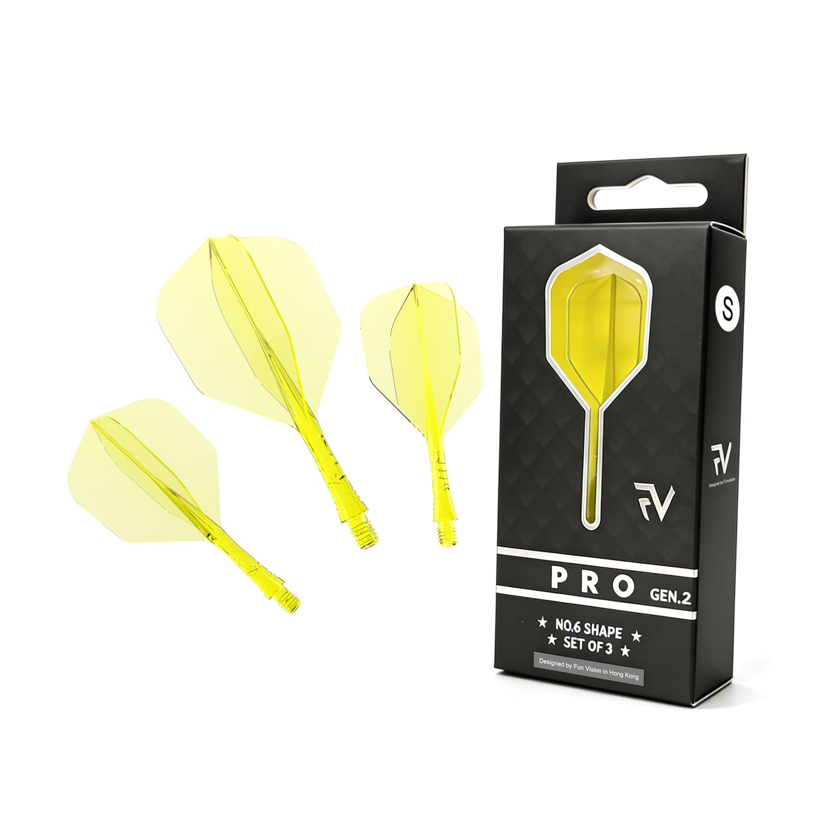 FunVision Pro Darts Flight, Integrated Dart Flights and Shafts- No.6, Flight & Shaft System, Professional Darts Accessories (3PCs | Short 19mm |Yellow)