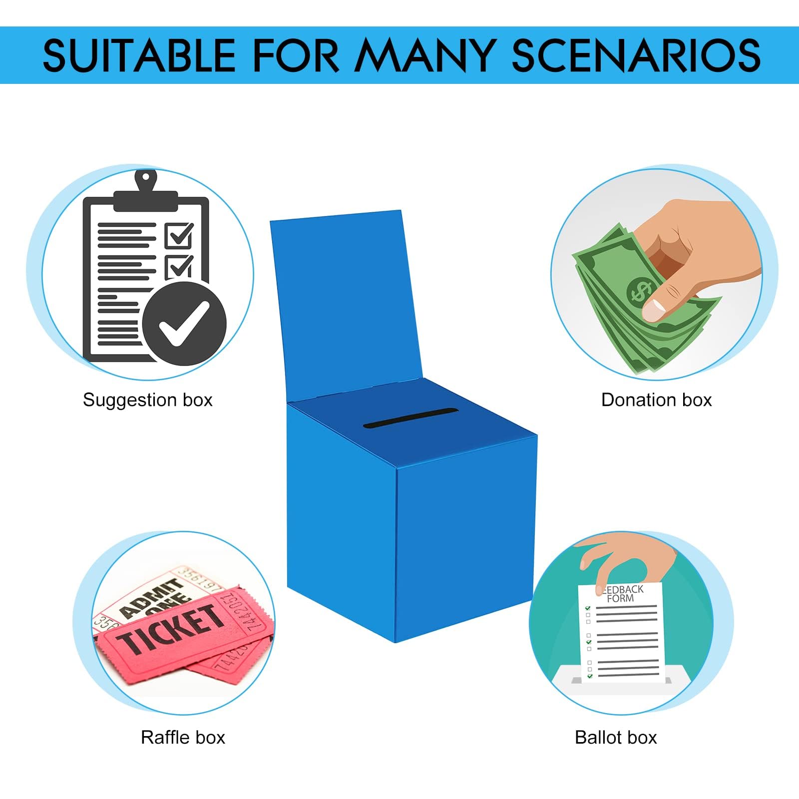 Paquete de 24 cajas de rifa, urnas con ranura, cajas de cartón de 6 x 6 x 6 pulgadas con ranura para boletos y cabecera extraíble para coleccionar tarjetas de visita y concurso de votación (24, azul)