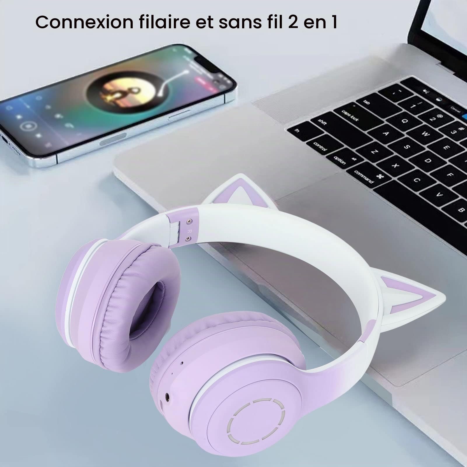 Dioche Casque Pliable Oreille de Chat Violet Casque Bluetooth Abs Oreille de Chat Bluetooth Casque de Jeu Casque de Musique Pliable sans Fil avec Lumière LED Microphone Détachable Câble (Violet)