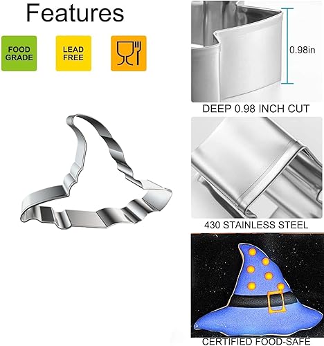 Miniatura 5 de Juego de cortadores de galletas de Halloween, 3 piezas de cortador de galletas de acero inoxidable, moldes para hornear, olla de bruja, sombrero de