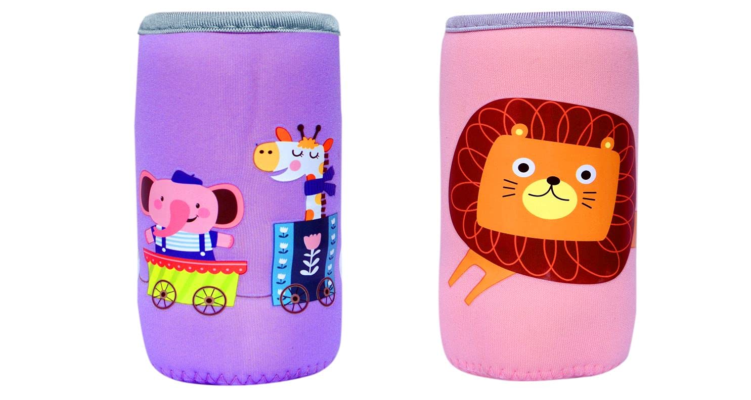 The Cheeky Kidzz Soft Reusable Baby Feeding Bottle Cover Sleeve Animal Printed Suitable for 120ml 150ml 220ml 240ml Slim Neck Milk Feeder Bottles (Pack of 2;Pink,Purple)