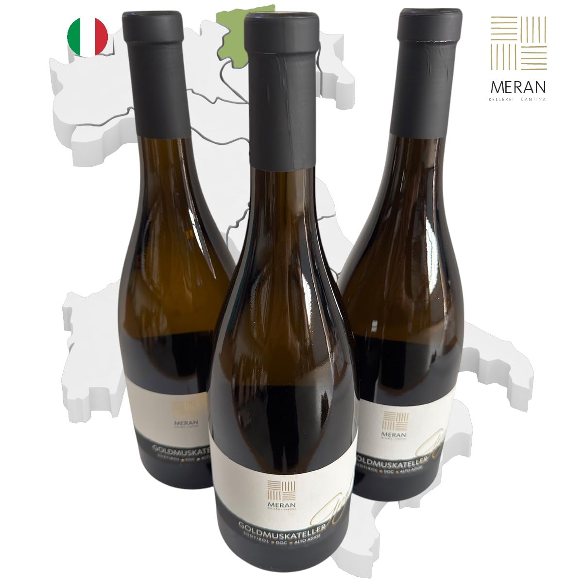Graf Goldmuskateller Südtirol DOC 2025 – Kellerei Meran – 3×0,75L Weißwein | Aromatische Blütenwürze, feine Muskatnoten, zarte Fruchtfülle, leichter Schmelz, harmonische Frische