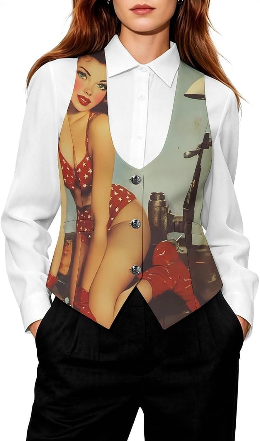 Vintage Sexy Pin-up Girls Women's Tuxedo Waistcoat Suit Vest | 3 Button V-Neck Slim Fit Casual Sleeveless Top