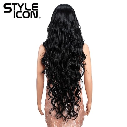 Miniatura 5 de Style Icon Pelucas de encaje frontal de 36 pulgadas, pelucas negras súper largas con cabello de bebé, densidad del 130 %, peluca sintética de fibra