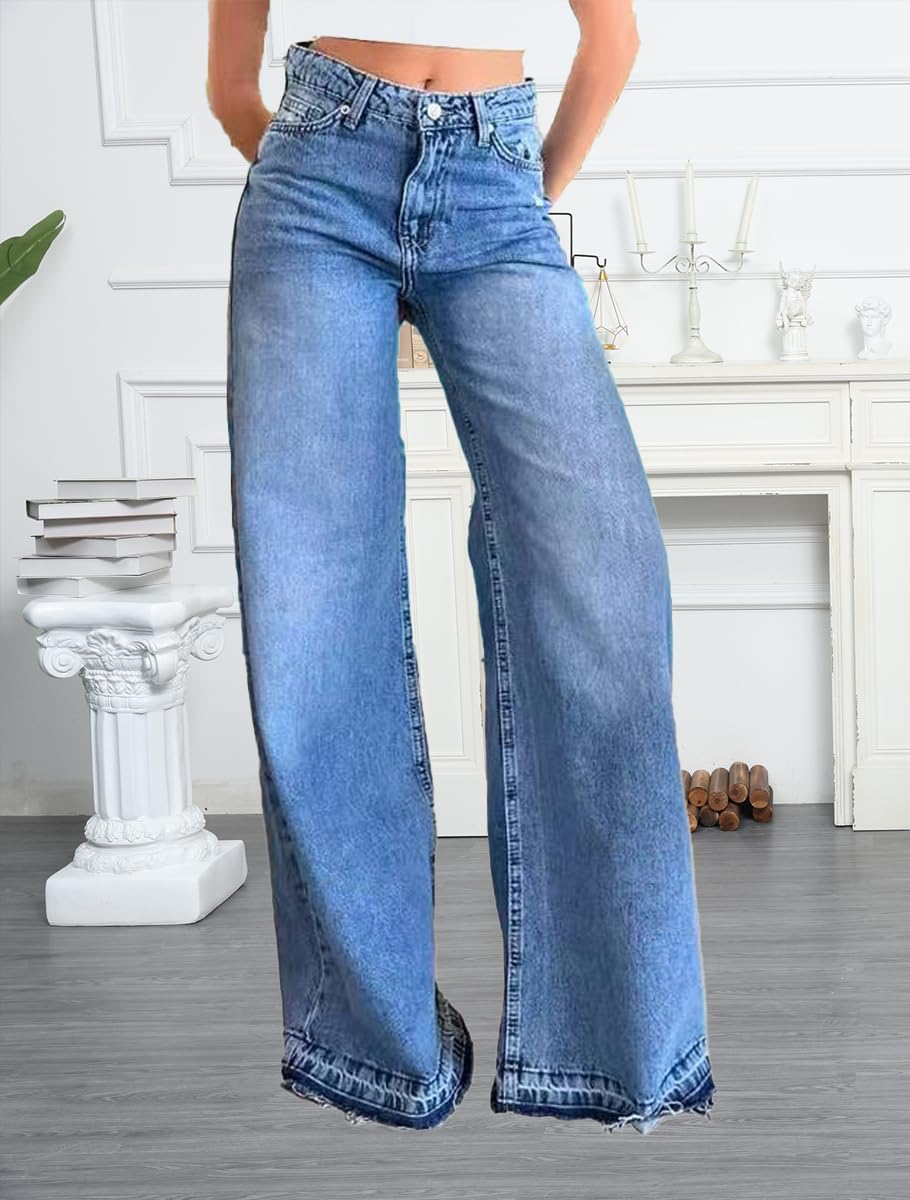 Women's Wide Leg Straight Jeans High Waisted Baggy Stretch Loose Denim Pants image 2