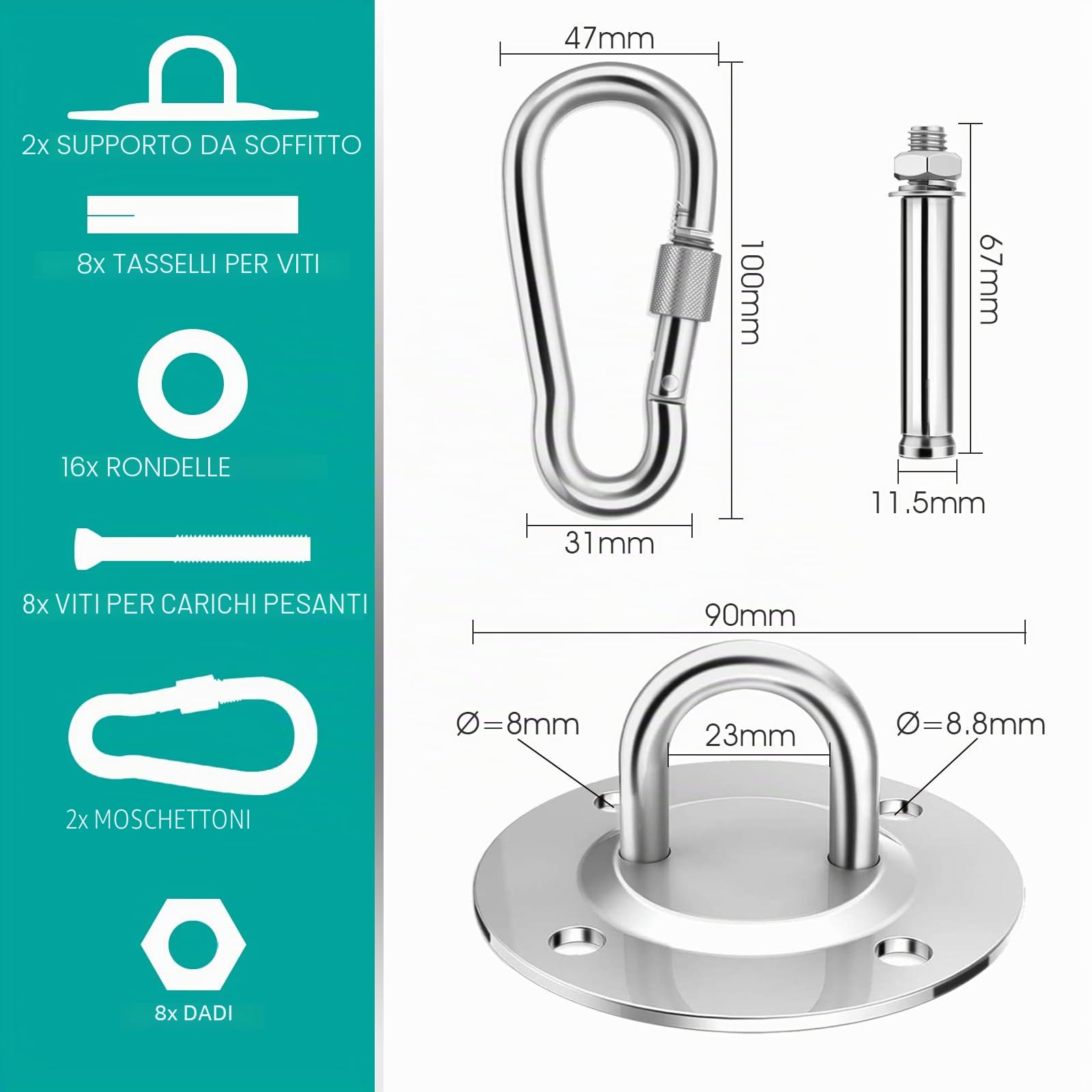 Gancio da soffitto, staffa da soffitto per sacco da boxe in acciaio inossidabile fino a 400 kg, gancio da soffitto resistente per amaca da sedia sospesa, sacco da boxe, trainer per imbracatura