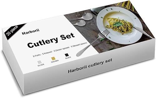 Miniatura 9 de Juego de cubiertos de 20 piezas de acero inoxidable, juego de cubiertos pulidos con espejo, incluye tenedores, cucharas de cuchillo, apto para