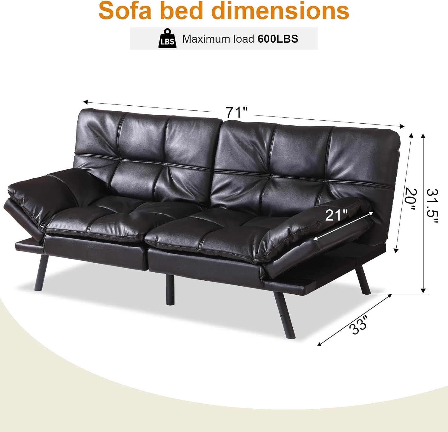 Vipbear 71-Inch Convertible Futon Sofa Bed, Modern Loveseat Sleeper with Adjustable Back & Arms, Faux Leather for Small Spaces, Apartments,Black