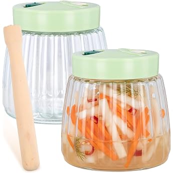 Set of 2 Fermenting Jars 1 Litre with Vent Valve 2 Glass Fermentation Weights 7 cm Fermentation Tamper Made of Wood Fermentation Glass with Double Valve Kimchi Container for Sauerkraut Jam Sourdough Starter