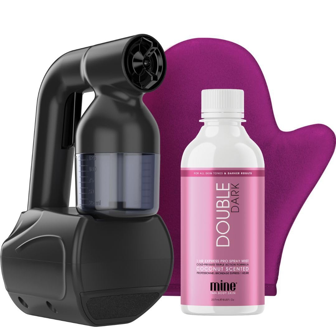 MineTan Personal Spray Tan Machine | Black At Home Tanning Kit - Lightweight, Handheld Portable Self Tanner, with 8oz Double Dark Profressional Mist & Mitt, Works With All Sunless Tanning Solutions