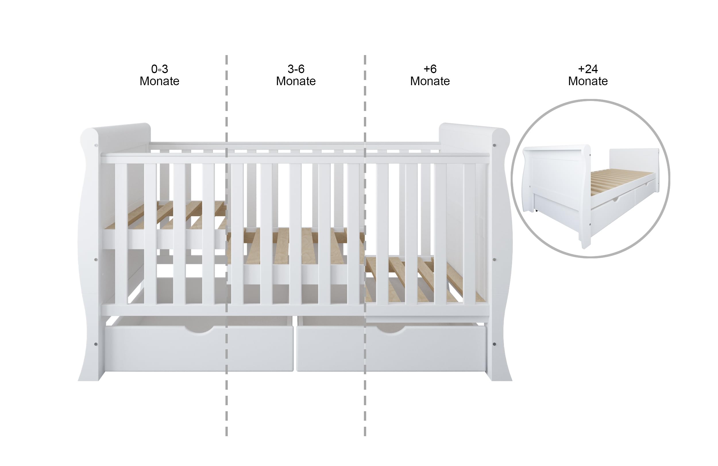 zee Cuna Bebé Blanca 140x70 Scarlet 3 en 1 con Cajones