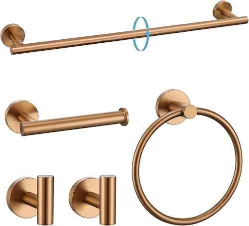TURS Juego de 5 piezas de accesorios de baño de oro rosa cepillado, juego de toallas de baño de acero inoxidable SUS304 de 23.6 pulgadas, kit de