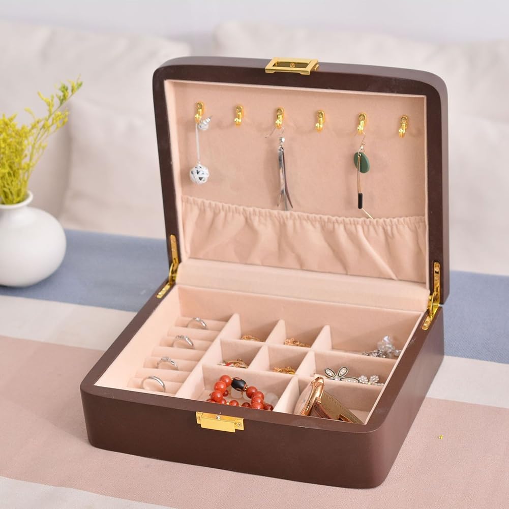 Schmuckaufbewahrungsbox Aus Massivholz mit Schnalle, Schmuckschatulle mit Klappdeckel und Mehreren Fächern, Schmuckaufbewahrungsbox mit Fächern