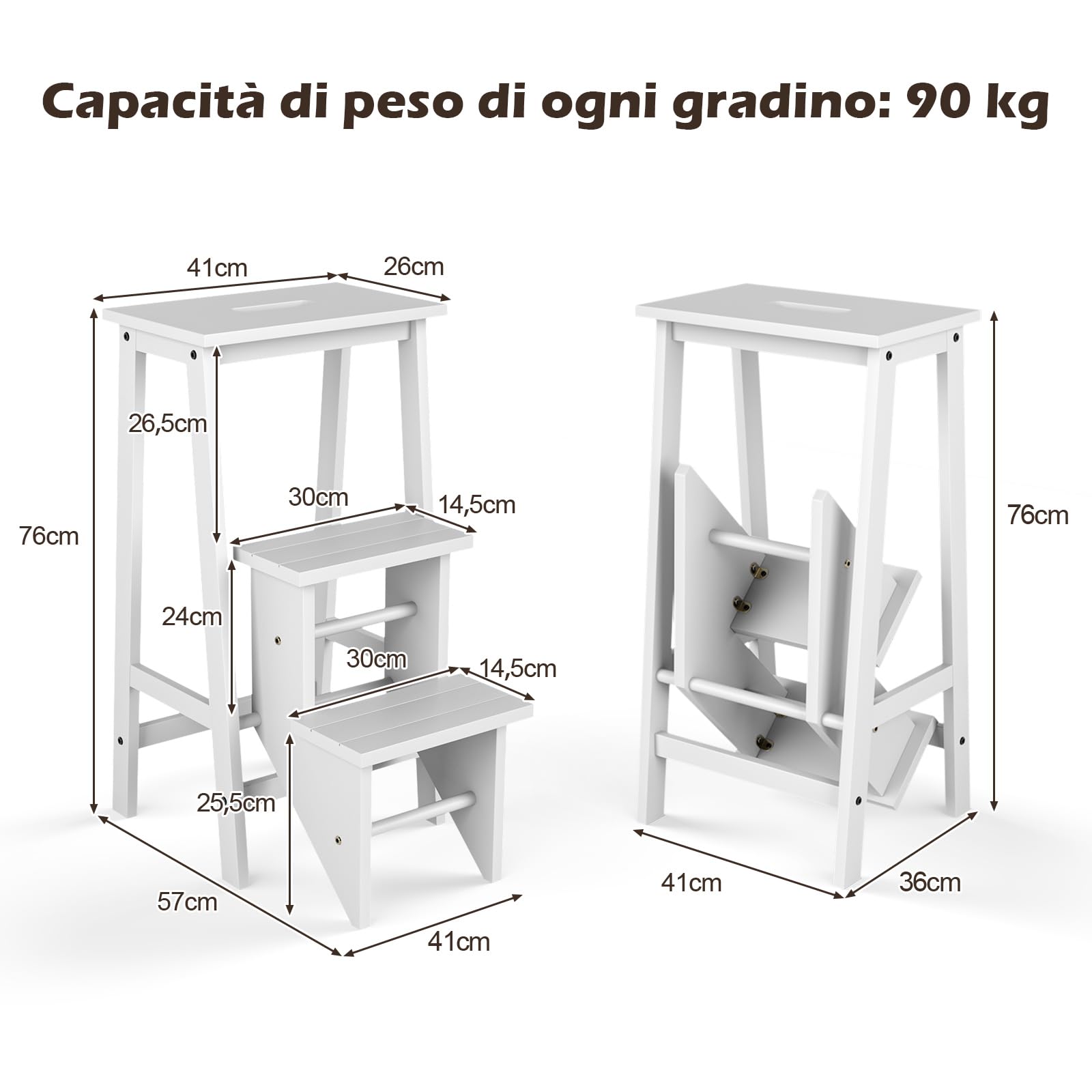COSTWAY Scaletta Pieghevole, 3 in 1 Scaletta e Sgabello in Legno di Gomma Multifunzione, 3 Gradini, Reversibili Impugnatura, Capacità di Carico 310 kg, Ideale per Studio, Soggiorno (Bianco)