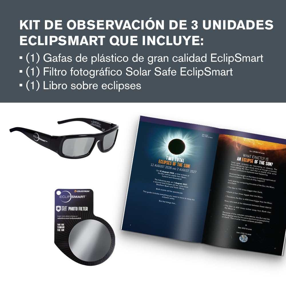 Celestron EclipSmart kit 3 piezas, observe y capture eclipses solares. Gafas solares, filtro para cámara y libro eclipses. Filtros conformes con norma internacional para observación directa del sol