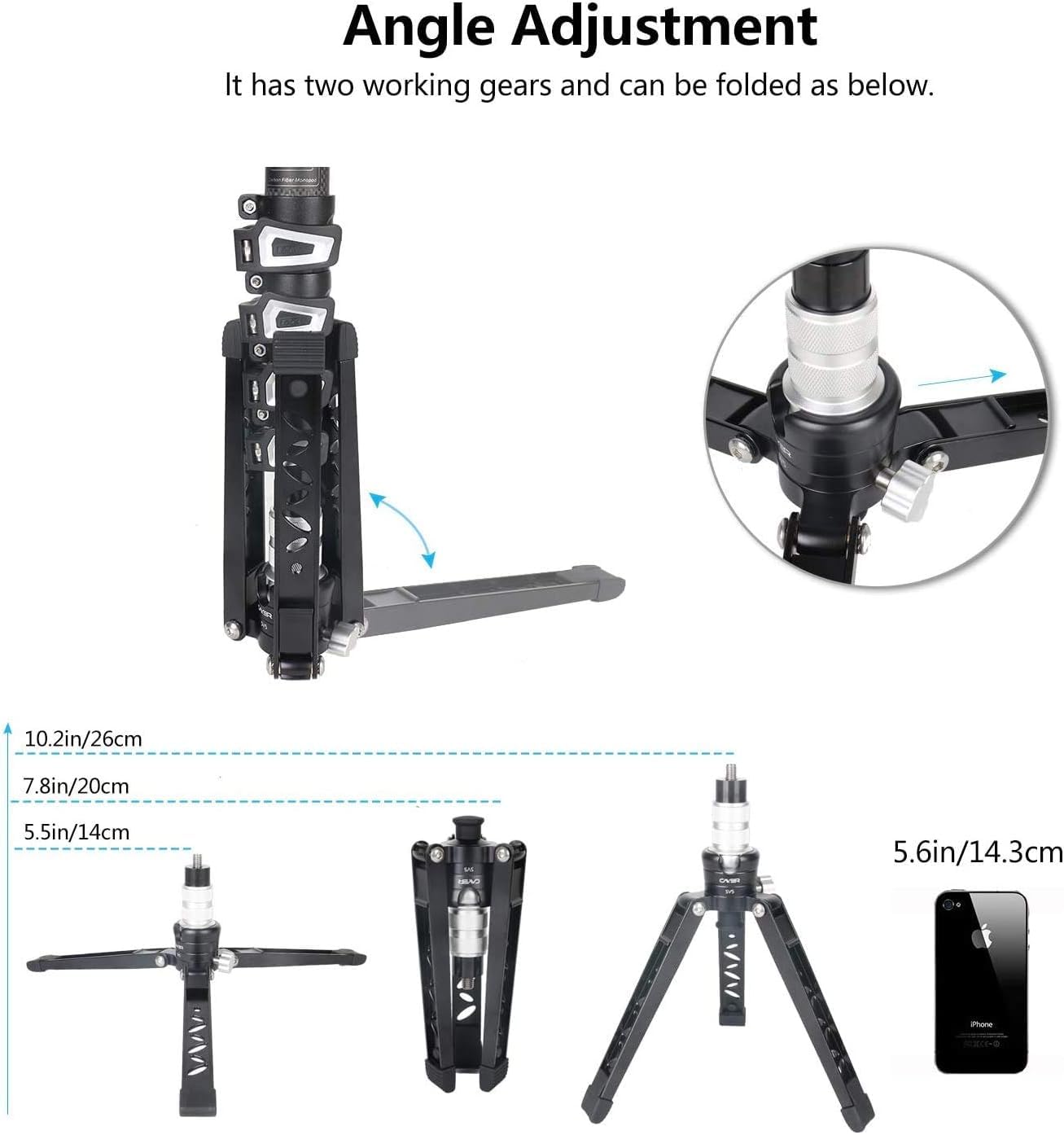 Cayer Mini trépied de Table, Support de trépied en Aluminium SV5 3 Pieds pour monopodes avec vis de Montage 3/8 "-16