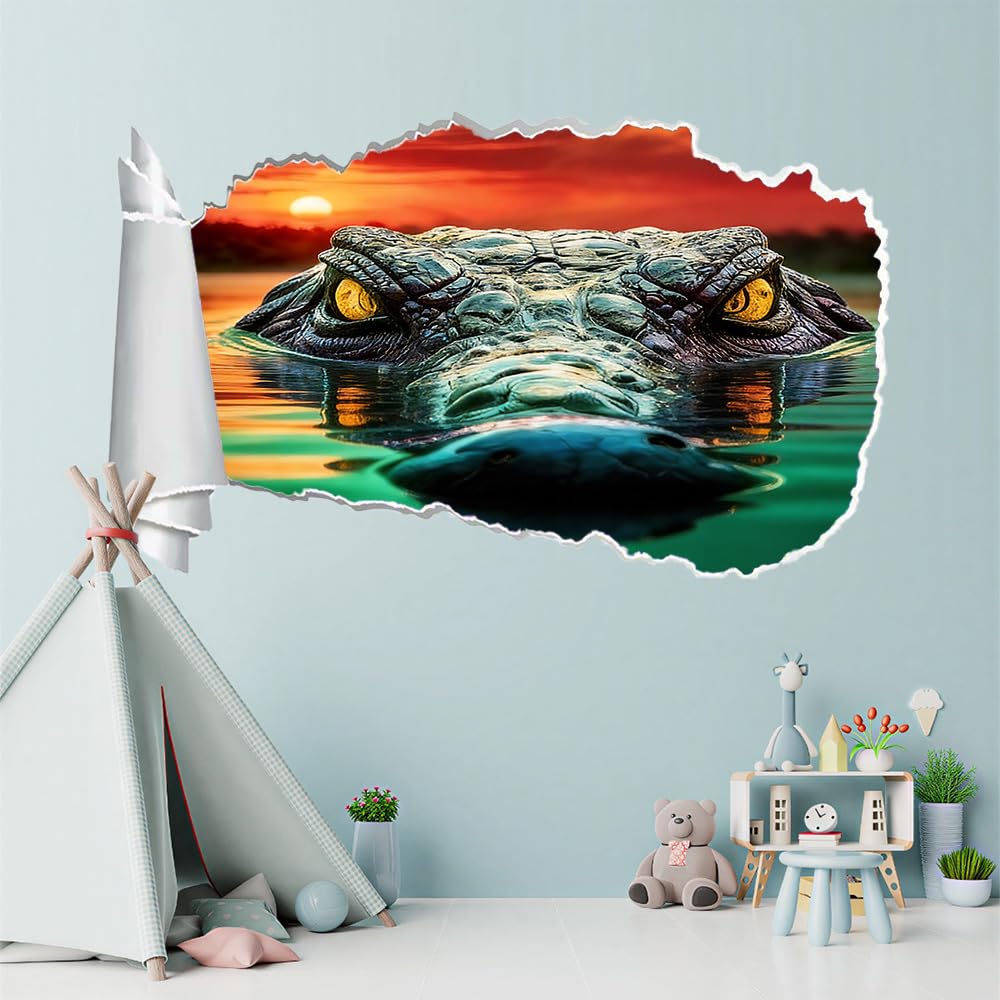 3D Wanddurchbruch Wandtattoo Krokodil Mädchen Wandaufkleber Sonnenuntergangsblick Junge Wandsticker Wanddeko Wandbild für Wohnzimmer Schlafzimmer Flur Kühlschrank 70x112cm