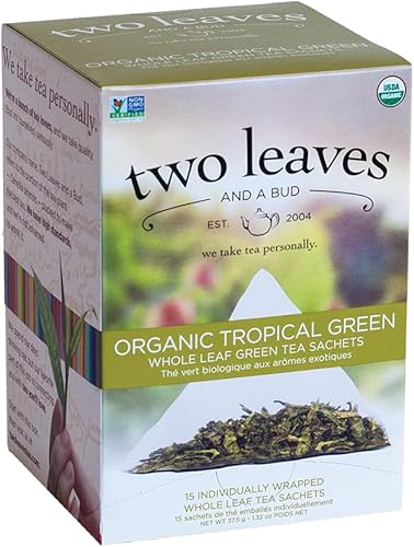 Two Leaves and a Bud Té verde tropical orgánico, té verde de hoja entera en sobres compostables, té verde sencha para té caliente o helado, 15