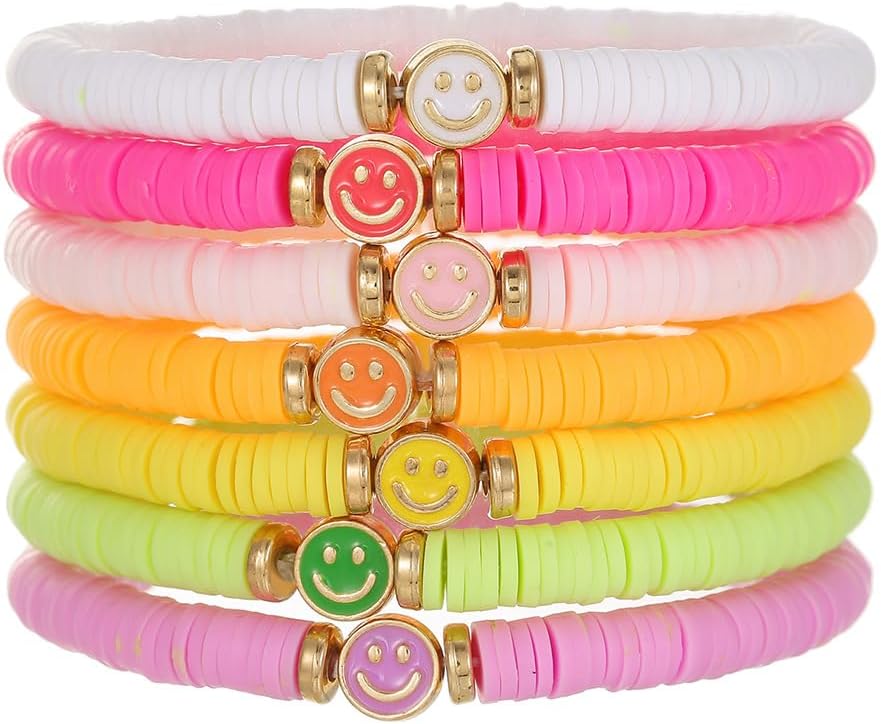 Friendship Bracelets for Women - Heishi Surfer Colorful Smile Party Favors Clay Beaded Stretch Bracelets Elastic Layering -Preppy Jewelry Set.
