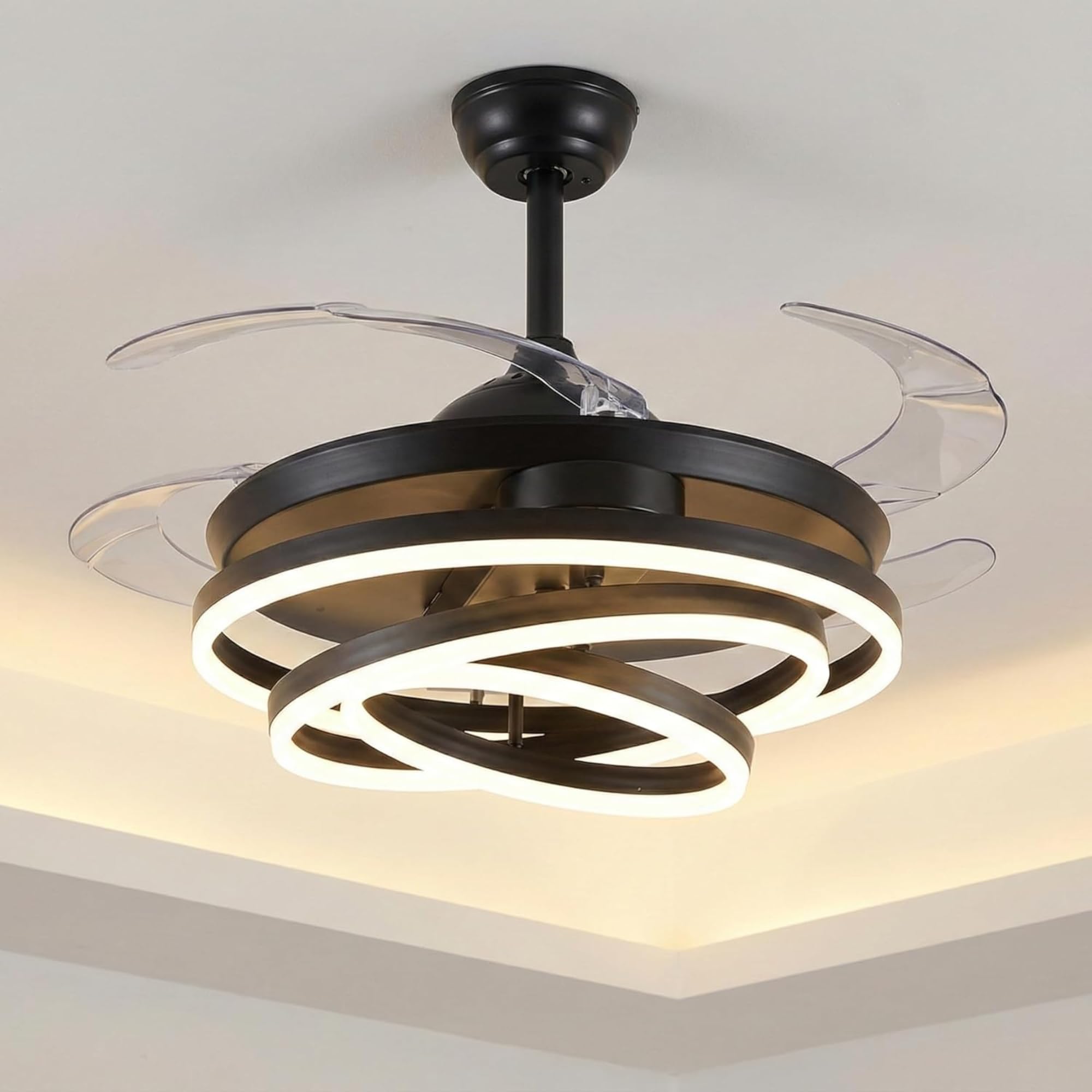 Trinity Nezha Black Chandelier Ceiling Fan with Remote Control | Retractable Crystal Chandelier Fans Lighting with 3 Color Lights Fix for Dining/Living Room/Hall/Salon (Black)-image-9