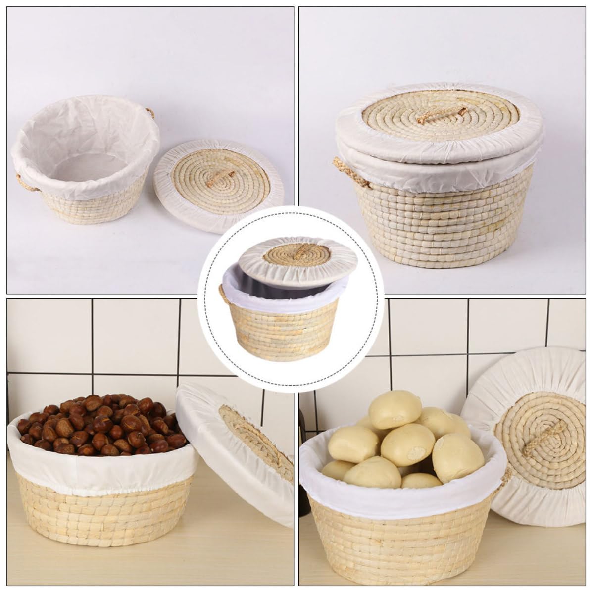 Cesto Intrecciato per Pane e Uova, Beige, in Foglie di Mais